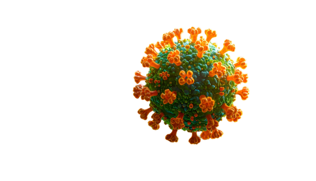 Colorful rendered illustration of a virus particle, isolated on black background