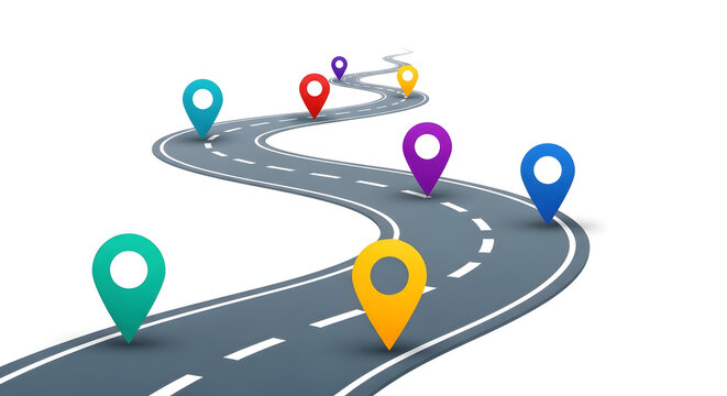 Road with colorful location pin pointer isolated on white background