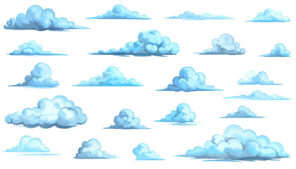 Fototapeta premium Pixelated, stylized illustrations of fluffy, white and blue cumulus clouds against black backdrop