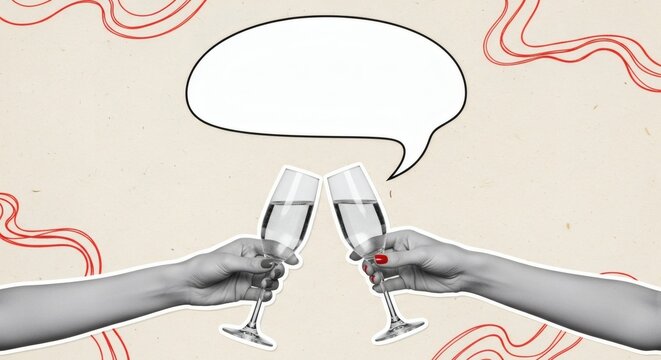 Cheers Abstract celebratory design with champagne glasses with thought bubble and red accents.