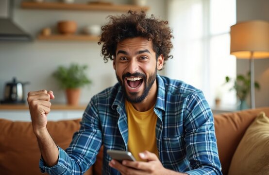 Man cheers holding phone with good news notification. Excited guy celebrates victory, receives online win while sitting on sofa at home. Successful person feels pure joy, achievement.