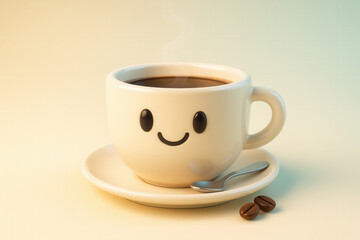 Obraz premium Kawaii Smiling Coffee Cup With Steam on Pastel Background