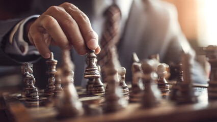Businessman in suit making a strategic move on a wooden chessboard, symbolizing leadership, focused planning, and critical corporate decision-making, striving for ultimate business success.
