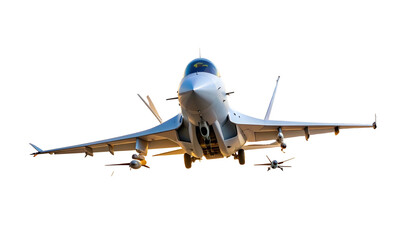 Front view of a military fighter jet poised for flight, weapons attached, isolated on black