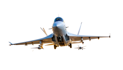 Front view of a military fighter jet poised for flight, weapons attached, isolated on black