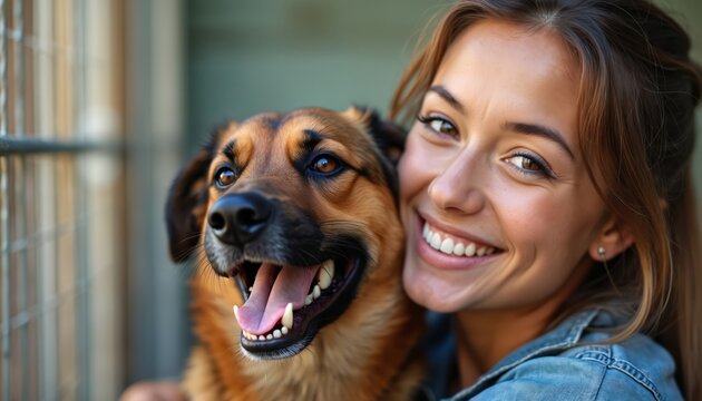 Smiling woman hugs her dog near the animal shelter. Happy girl embraces dog adopting it. Female volunteer cares for puppy at rescue center. Human animal love. Adoption concept photo.