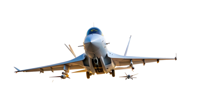 Front view of a military fighter jet poised for flight, weapons attached, isolated on black