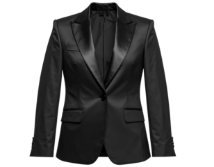 High-quality image of an elegant black blazer with refined satin lapel and fitted silhouette. Transparent background PNG suitable for editorial fashion layouts.
