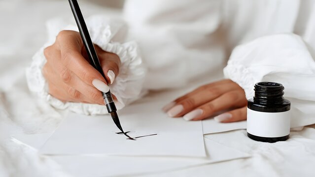 Close-up of a hand with neat nails elegantly guiding a brush pen over white cardstock next to an inkwell, emphasizing traditional writing, purity, and artistic detail.
