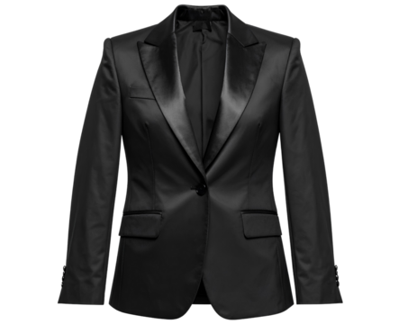 High-quality image of an elegant black blazer with refined satin lapel and fitted silhouette. Transparent background PNG suitable for editorial fashion layouts.