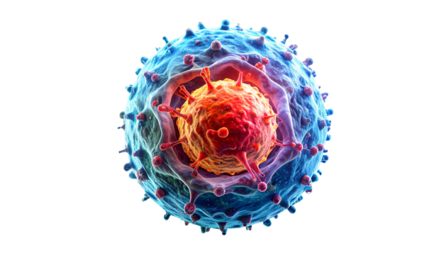 3D rendered microscopic illustration of a spherical virus particle in colorful detail