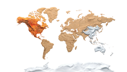 Stylized, textured, tan map of the world with highlighted regions against a black backdrop