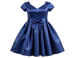 Luxurious Navy Blue Satin Dress with Short Sleeves and a Stylish Bow Accent at the Waist. Isolated on Transparent Background.