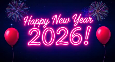 Futuristic neon “Happy New Year 2026!” glowing against a dark blue night sky with fireworks and metallic red drones — vibrant 3D celebration of innovation and festivity