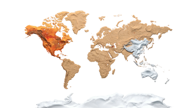 Stylized, textured, tan map of the world with highlighted regions against a black backdrop