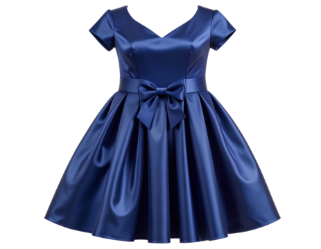 Luxurious Navy Blue Satin Dress with Short Sleeves and a Stylish Bow Accent at the Waist. Isolated on Transparent Background. - Powered by Adobe