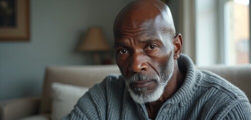 Elderly african man with gray beard looks tired, sad sitting indoors on couch. Expression conveys loneliness, contemplation, deep sorrow. Seems lost in thought, possibly reflecting on past events