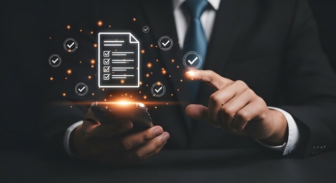Professional businessman reviewing digital checklist on smartphone with glowing icons signifying task completion and strategic planning in modern business environment - Powered by Adobe