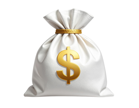Minimalist Money Bag Icon with Golden Dollar Mark, Isolated PNG. - Powered by Adobe
