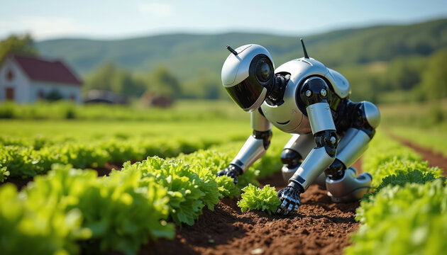 Silver robot works in green lettuce field on sunny day. Agricultural bot uses precision harvesting for fresh organic produce. Smart farm tech advances crop cultivation, boosting food production with