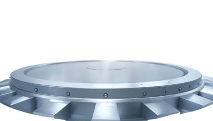 Futuristic silver platform with circular design, against a black background