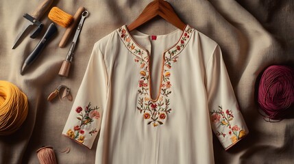 Traditional kurti with intricate floral embroidery on the front panel and sleeves showcased on a hanger with a soft fabric backdrop surrounded by sewing tools and threads