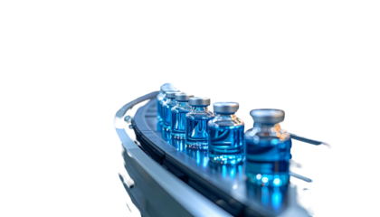 Pharmaceutical vials filled with liquid move along a conveyor belt, isolated on black