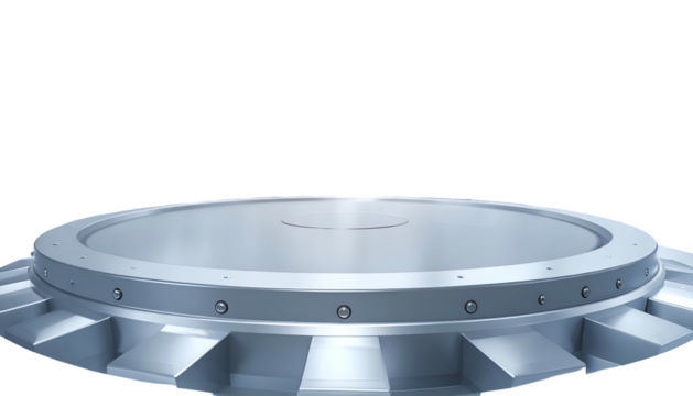 Futuristic silver platform with circular design, against a black background