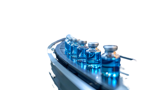 Pharmaceutical vials filled with liquid move along a conveyor belt, isolated on black