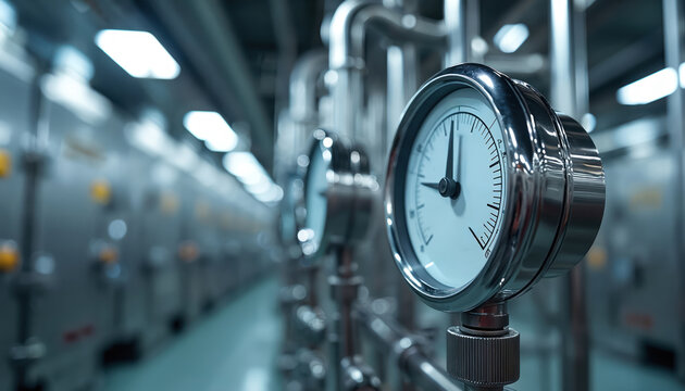 Industrial pressure gauge with metal pipes, blurred equipment in factory. Monitoring manufacturing process, checking machine status, ensuring quality control. Detailed closeup of technical