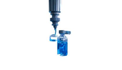 Blue liquid dispensing machine over a vial, isolated on black background
