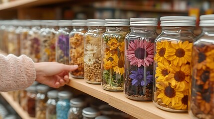 Person selecting flowers in jars on shelf.