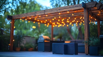 Patio with Pergola  String Lights at Dusk.