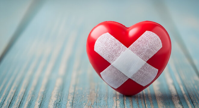 Red heart with bandage on blue wooden background representing healing and recovery concept