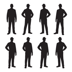 Set of eight silhouette construction worker in various poses isolated on white background for design needs