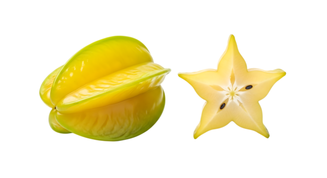 Whole and sliced star fruit showing its unique star shape isolated on transparent background