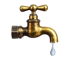 Old Brass Water Tap with Dripping Water Drop Isolated on Transparent Background.