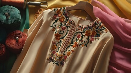 Traditional kurti with intricate floral embroidery on the front panel and sleeves showcased on a hanger with a soft fabric backdrop surrounded by sewing tools and threads