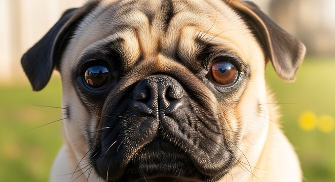 A detailed close up portrait of a fawn pug dogs face.