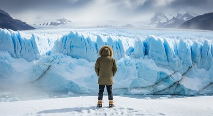 Person Standing in Front of Glacial Ice with Mountain Background in Cold Arctic Environment