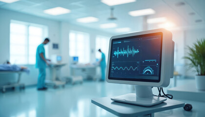 Modern medical monitor displays patient vital signs data. Healthcare staff work in bright hospital room, providing care. Advanced tech tracks health info for diagnostics, treatment, patient safety in