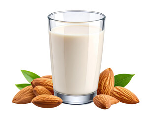 Realistic 3D rendering of a glass of creamy almond milk surrounded by natural almonds, isolated on transparent background.