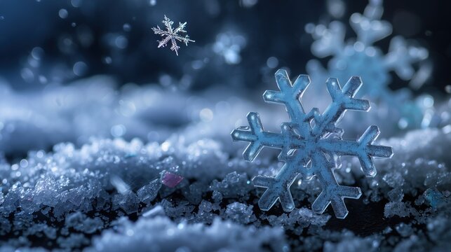 Abstract winter Christmas design of blue small bokeh lights and snowflakes against deep blue background