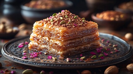 Traditional Middle Eastern dessert featuring pistachio cardamom baklava stacked in a pyramid shape drizzled with syrup surrounded by crushed nuts and spices on a decorative plate