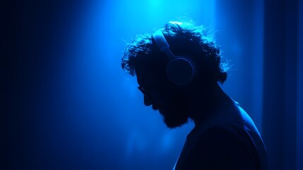 Silhouette of a person wearing over-ear audio devices illuminated by deep blue light