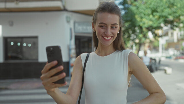 Woman holding smartphone and making peace sign while blowing a kiss on a sunlit street; joyful connection.