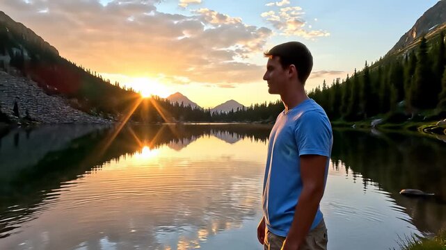 Young male standing at lakes edge, contemplating sunset atmosphere, perfect for conceptualizing personal growth or self reflection stories.