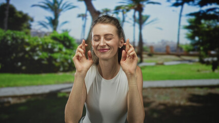 Naklejka premium Young caucasian woman smiling with fingers crossed in a green park near palm trees and a paved path beside a low wall; hopeful.