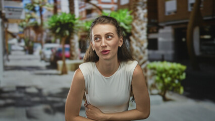 Woman clutching stomach on city street showing abdominal pain for stomachache near palm trees and buildings; nausea discomfort.