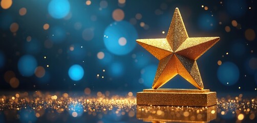 Golden star trophy sits on sparkly surface against bokeh background. Award symbolizes achievement and victory. Suitable for award ceremonies, music events and celebrating success.